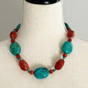 Chunky Bold Lucas Lameth LUC Turquoise Coral Sterling Silver Beaded Necklace